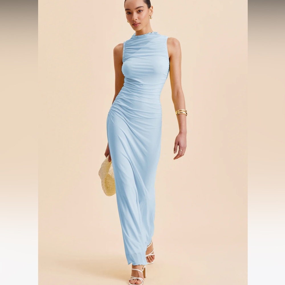 Commense Light Blue Ruched Maxi Dress